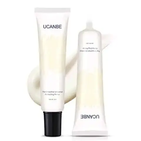 UCANBE Face Moisturizing Primer in a soft peach-colored tube with a clear cap, front view.
