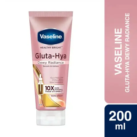 Vaseline Gluta Hya Dewy Radiance Serum in Lotion 200ml, white bottle with pink pump cap, front view.