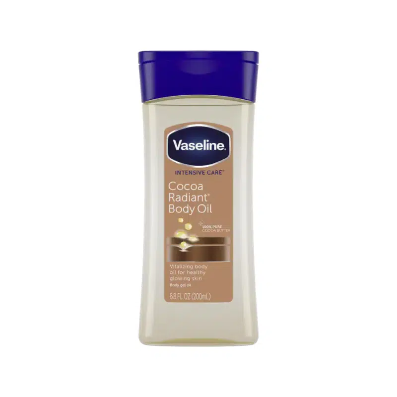 Upright Vaseline Intensive Care Cocoa Radiant Gel Body Oil 200ml bottle with a golden pump.