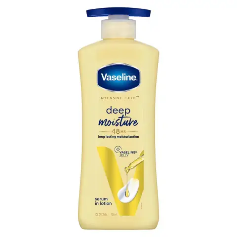 Vaseline Intensive Care Deep Moisture Serum Lotion 400ml white bottle with blue label and pump dispenser.
