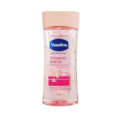 Vaseline Intensive Care Vitamin B3 Body Oil 200ml, white bottle with a shiny golden cap.