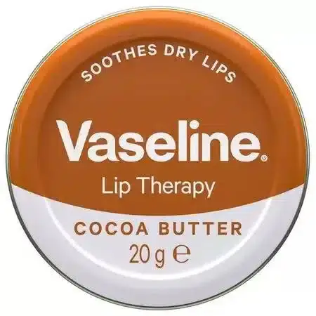 Vaseline Lip Therapy Cocoa Butter 20gm amber tub, full and ready for dry lip care.