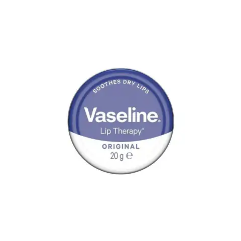 Vaseline Lip Therapy Original 20gm, white tub with blue flip-top lid, angled front.