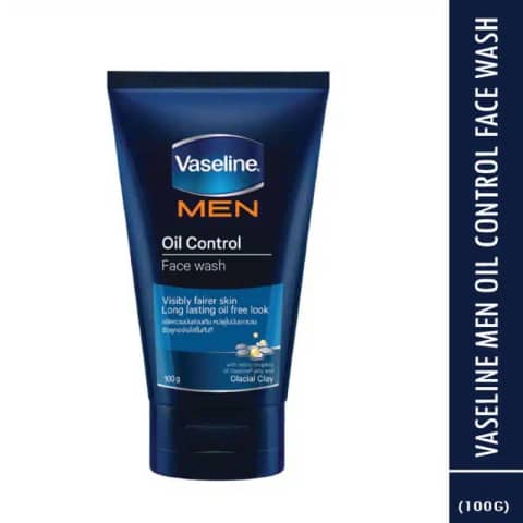 Vaseline Men Oil Control Facial Wash 100g, a dark blue tube with a silver cap, standing prominently.