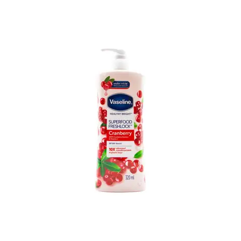 Front view of Vaseline Superfood Freshlock Cranberry Body Lotion 320ml in a white pump bottle.