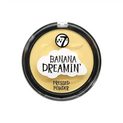 W7 Banana Dreamin 10gm pressed powder in a sleek black compact, showing light yellow shade.