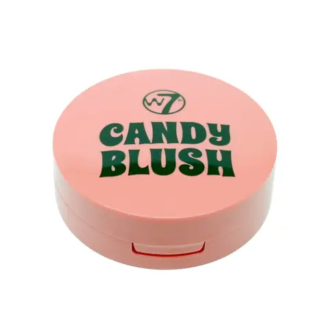 W7 Candy Blush Blusher Galactic in clear round compact, showcasing marbled pink-purple shimmering powder.