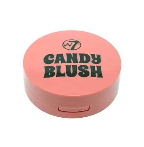 W7 Candy Blush Blusher 'Gossip' in its clear square compact, displaying a warm peachy-pink powder.