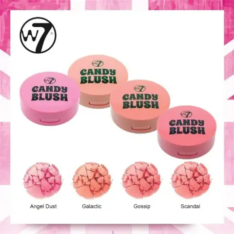 W7 Candy Blush compact closed, showcasing its transparent pink lid and light pink base.