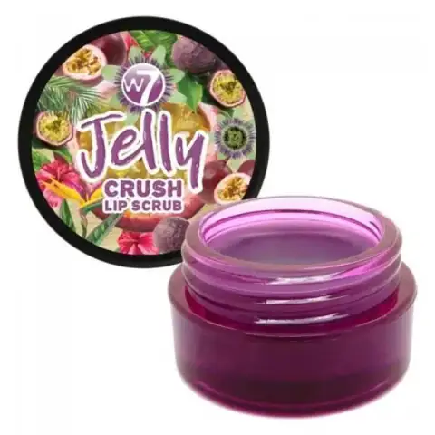 W7 Jelly Crush Lip Scrub in clear jar, showing vibrant pink passion fruit punch formula.