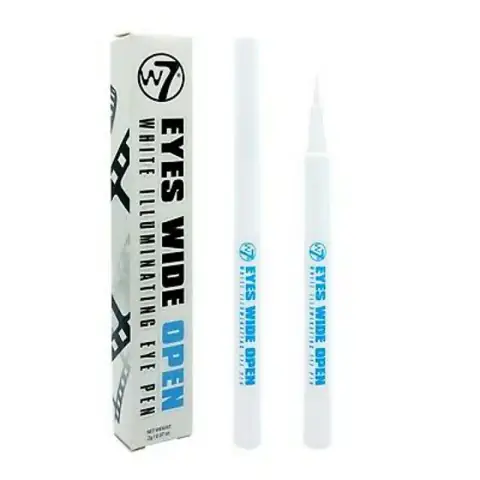Full view of W7 white illuminating eyeliner pen, standing upright in its clear retail packaging.