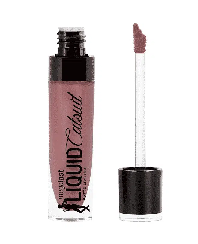Wet N Wild MegaLast Liquid Catsuit Matte Lipstick in Rebel Rose, clear tube, black cap.