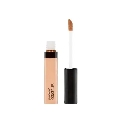 Wet N Wild Photo Focus Concealer in Medium Peach, clear tube, black applicator cap, upright.