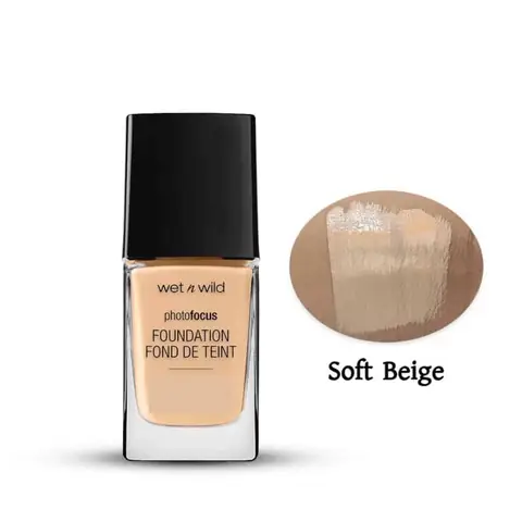 Wet N Wild Photo Focus Dewy Foundation in Soft Beige, clear bottle with black pump.