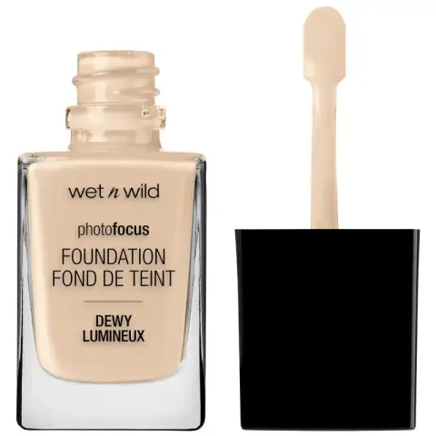 Wet N Wild Photo Focus Dewy Foundation in Soft Ivory, full glass bottle with pump.