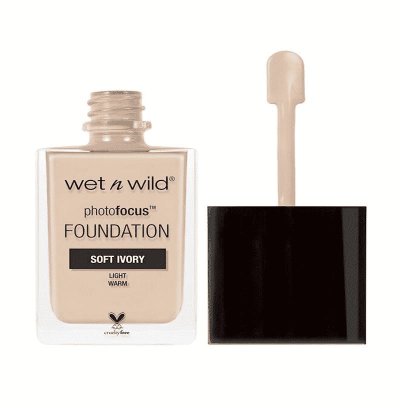 Wet N Wild Photo Focus Matte Foundation, Soft Ivory shade, clear glass bottle, black pump top.