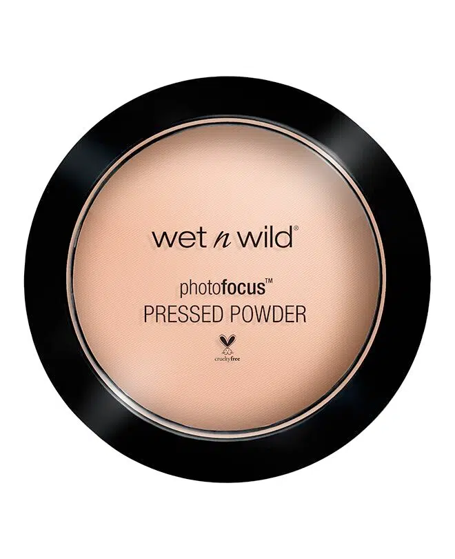 Wet N Wild Photo Focus pressed powder in Neutral Beige compact, closed, showing brand logo.