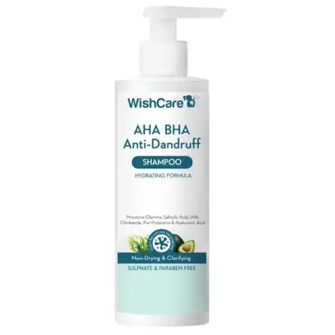 WishCare AHA BHA Anti-Dandruff Shampoo 250ml bottle, vibrant green, standing upright with white cap.