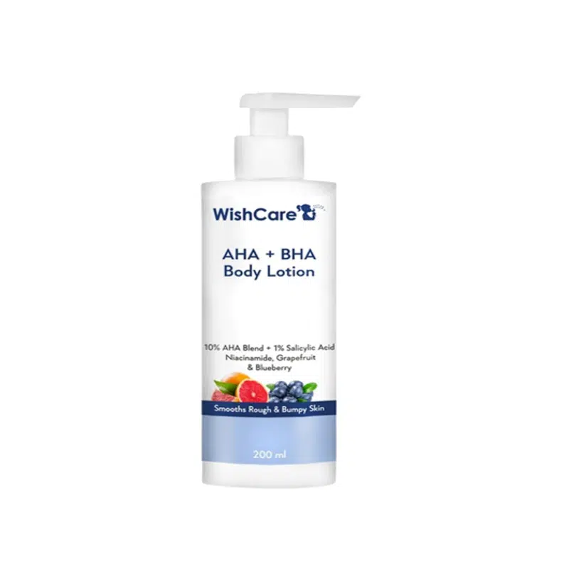 WishCare AHA + BHA Body Lotion 200ml white pump bottle, front view, displayed upright.