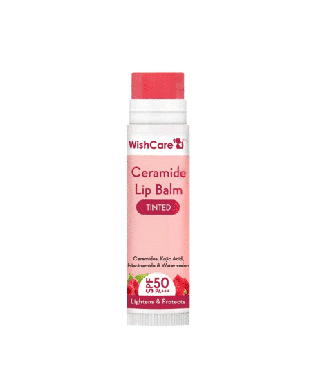 WishCare Ceramide Tinted Lip Balm SPF 50 PA+++ tubes standing and lying, light pink packaging.