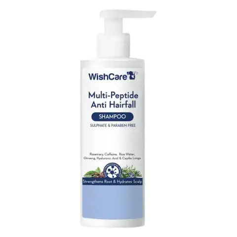 WishCare Multi-Peptide Anti Hairfall Shampoo 250ml in a white bottle with pump dispenser.