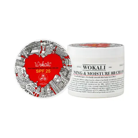 Wokali Whitening and Moisture BB Cream, white tube standing with its bold red packaging box.