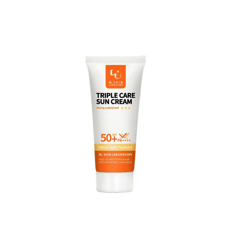 WSkin Lab Triple Care Sun Cream SPF 50+ white tube, blue gradient, silver cap.