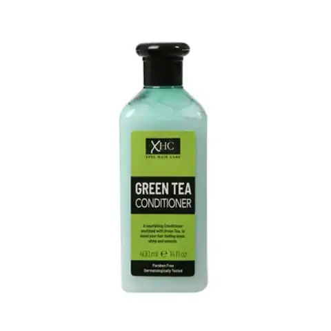 XHC Xpel Hair Care Green Tea Conditioner in a tall green pump bottle with prominent white label.