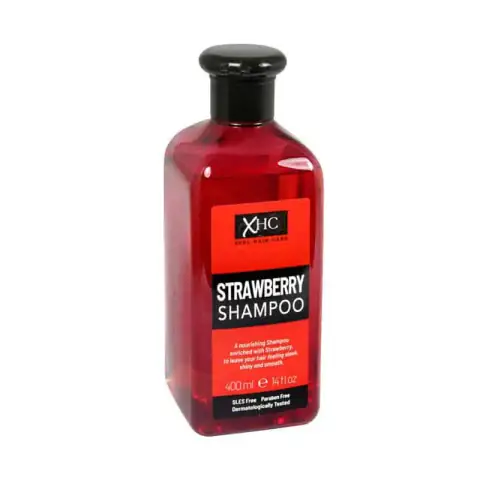 XHC XPEL Strawberry Shampoo 400ml clear bottle, showcasing pink liquid and a white flip-top cap.