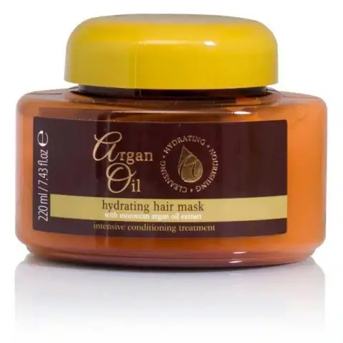 Front view of XPEL Argan Oil Hair Mask 220ml white tub with golden brown lid.