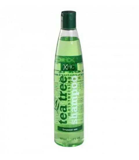 Front view of XPEL Tea Tree Moisturizing Shampoo in dark green bottle with white flip cap.