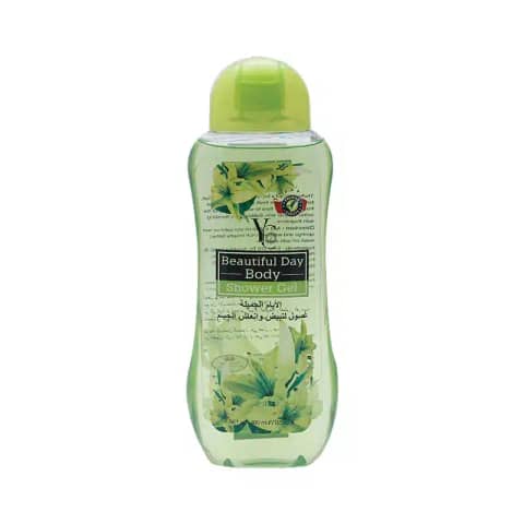 Yc Products Beautiful Day 400ml green body shower gel, clear pump bottle, front view.