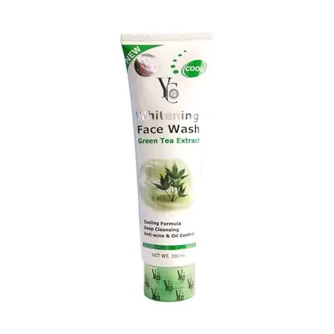 YC Products Green Tea Whitening Face Wash 100ml tube, vibrant green and white design.