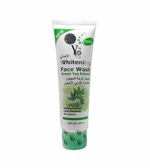 Yc Products Green Tea Whitening Face Wash 100ml tube, green and white packaging on a white background.