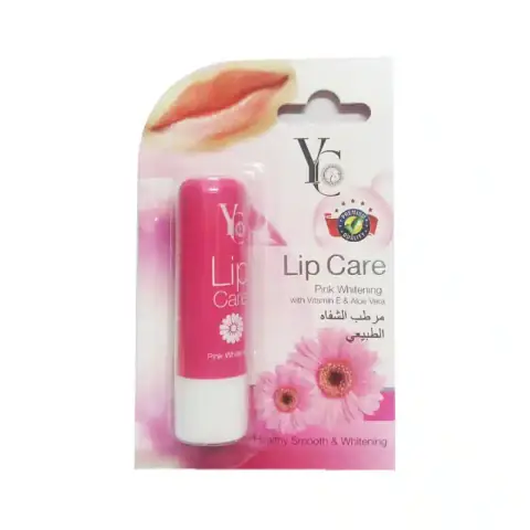 Yc Products Pink Whitening Lip Care tube, enriched with Vitamin E and Aloe Vera, silver cap.