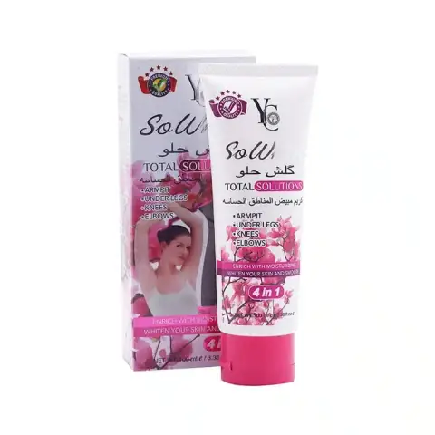 YC Products So White 4 in 1 Cream jar, white plastic with glossy gold cap, 100ml size.