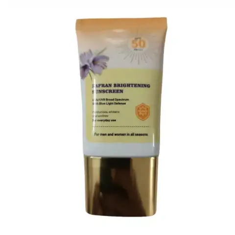 Zafran Brightening Sunscreen 30g tube, white packaging and yellow cap, displaying SPF 50 PA+++.