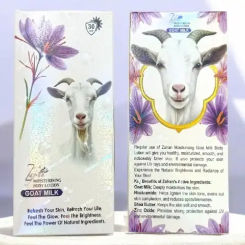 Zafran Goat Milk Moisturising Body Lotion 100ml in white pump bottle, front view.