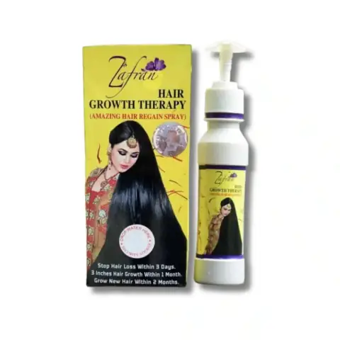 Zafran Hair Growth Therapy oil in a transparent glass bottle with a golden cap, 150ml size.